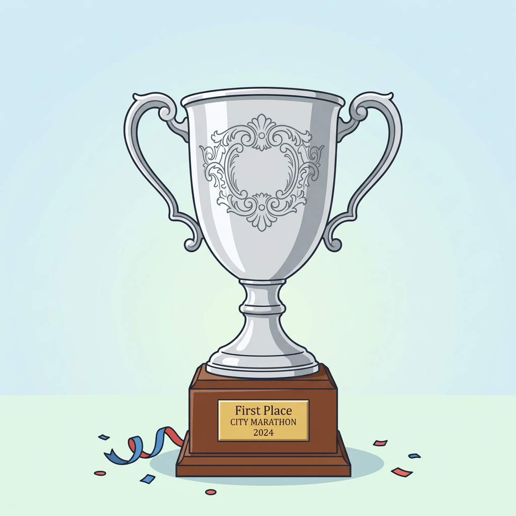 Silver trophy engraved “First Place – City Marathon – 2024”